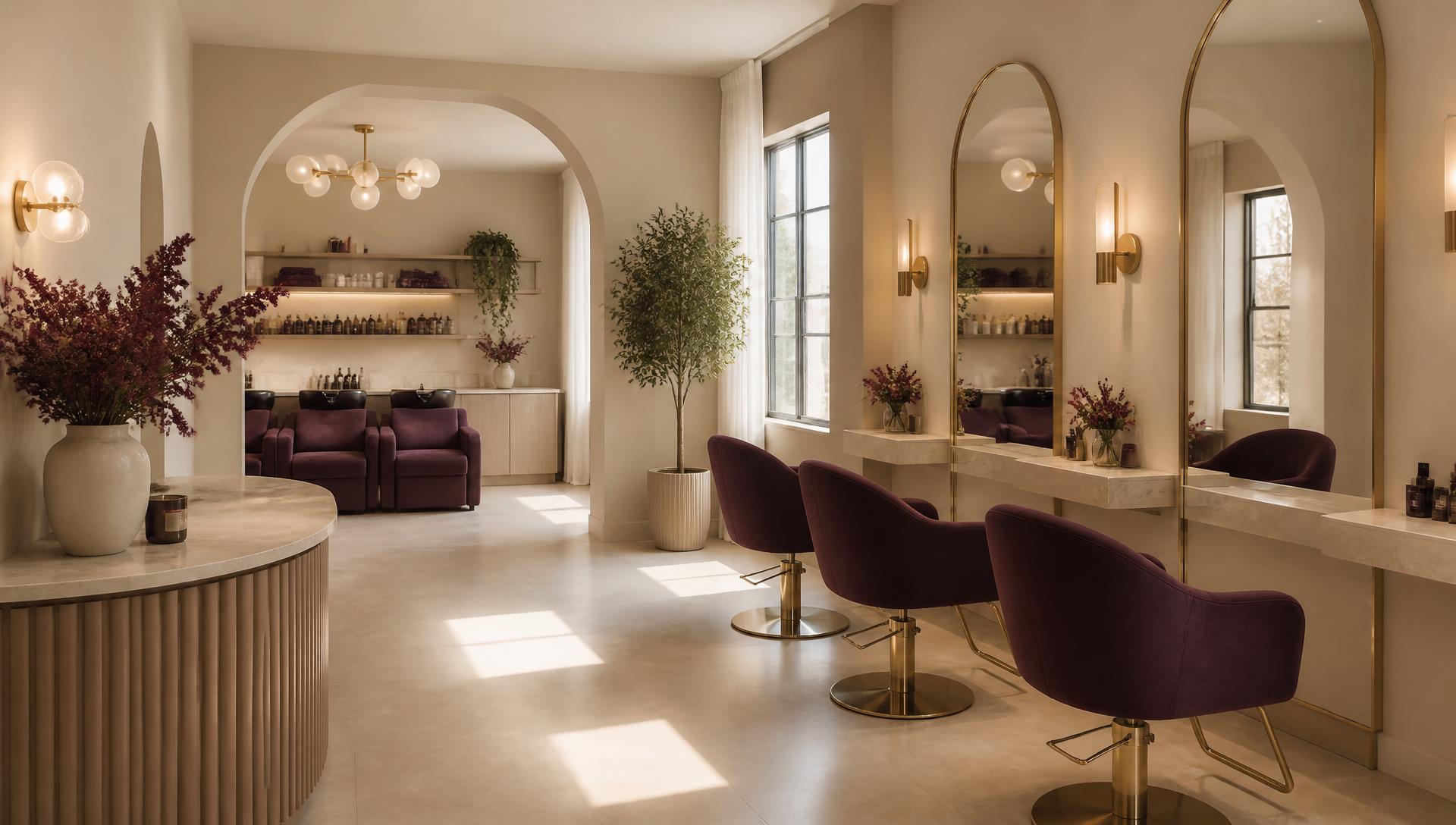 Interior of a premium salon with cream walls, plum styling chairs and tall mirrors